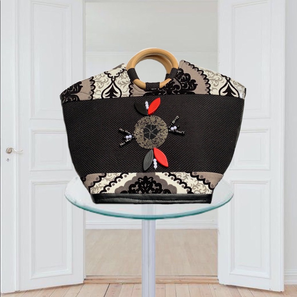 Canvas Handbag Wood Handles Ankara African Style Black White Tote Bag